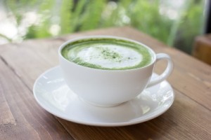 Matcha Green Tea Latte Beverage In Glass.